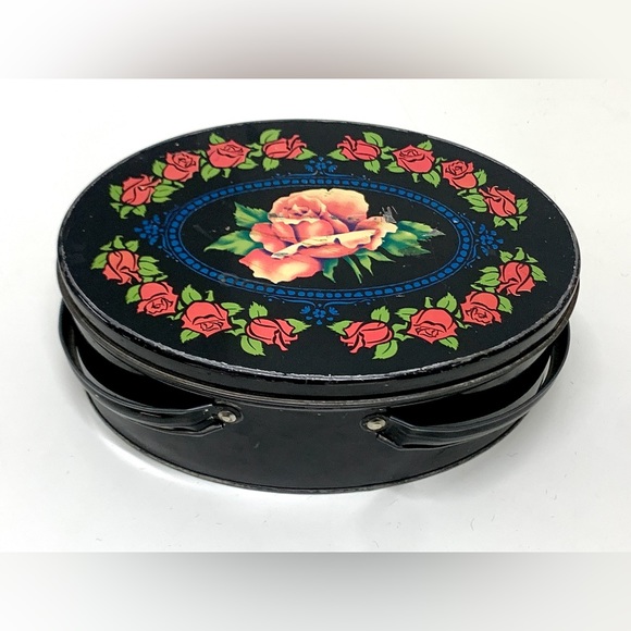 Early Mid Century Vintage Rose Floral Pattern Metal Lidded Handled Biscuit Tin - Picture 1 of 16